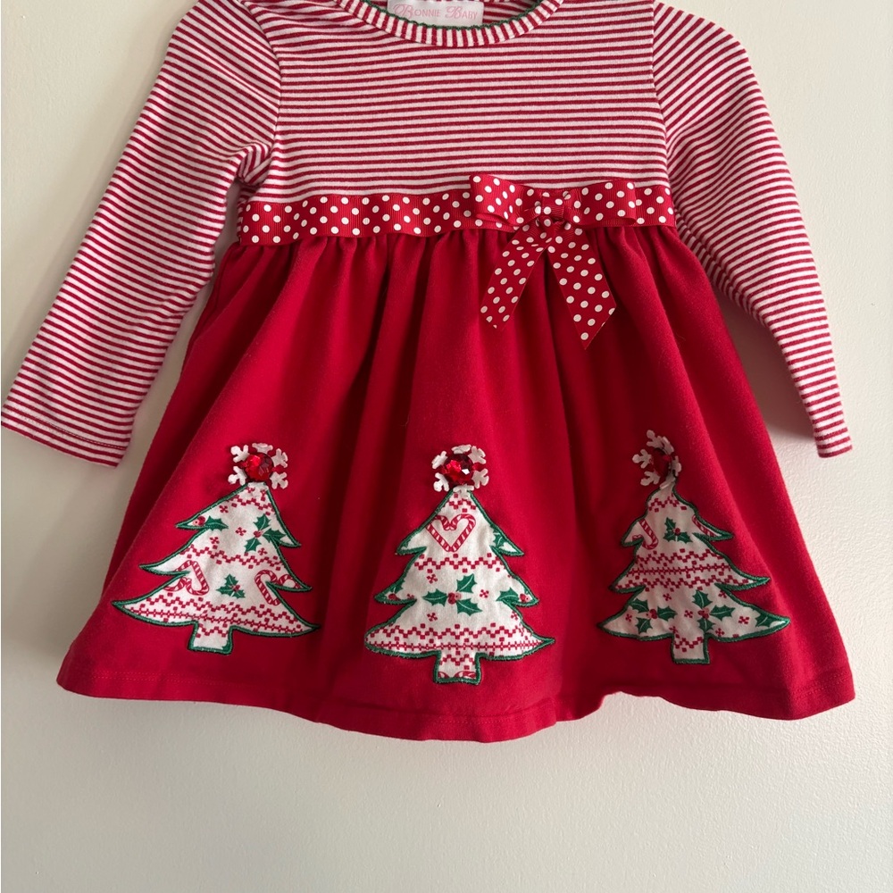 Festive Red Striped Kids Dress with Christmas Tree Appliqué